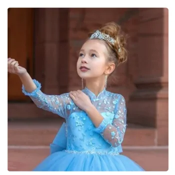 Кружевное платье в цветочек для девочки с длинным рукавом синего цвета для свадебной вечеринки, бальное платье принцессы для девочки, праздничное платье для первого причастия