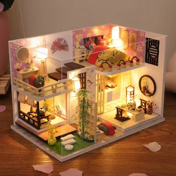 Кукольный домик Миниатюры Японский Дом Японский Лофт Вилла DIY Деревянный 3D пазл Конструктор с мебелью Кукольные домики Игрушки Подарки