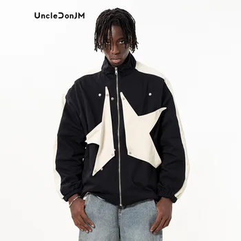 Куртка на молнии со стоячим воротником UncleDonJM Patch Star, мужская летная куртка в стиле пэчворк с цветными блоками, уличная одежда, куртки для мужчин