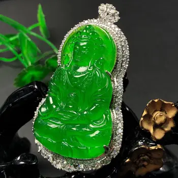 Ледяной Император Зеленый Гуаньинь Бодхисаттва S925 Инкрустированный Кулон Мужские и Женские Ожерелья Из Нефрита