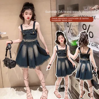 летнее джинсовое платье-комбинация для девочек-подростков 2023, новое тонкое детское платье в иностранном стиле, корейская версия, платья, детская одежда