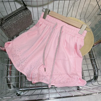 Летние женские розовые шорты с бриллиантами горячего сверления, расшитые бисером, Высокая талия, Широкие штанины, Горячие Короткие брюки, Брюки на шнуровке с эластичной резинкой на талии 2023