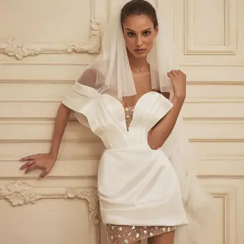 Летние короткие свадебные платья, атласная мини-юбка с пайетками, на шнуровке, с открытыми плечами, Vestidos De Novia