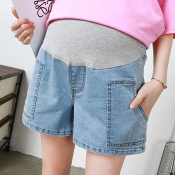 Летние повседневные хлопчатобумажные джинсовые шорты для беременных Широкие Свободные Закатанные Регулируемые По животу Короткие джинсы Беременность Плюс Размер M-5XL