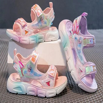 Летние сандалии, обувь для маленьких девочек, Детские кроссовки Frozen Elsa с героями мультфильмов, Детская Мягкая спортивная дышащая обувь для бега для малышей, 26-37 евро