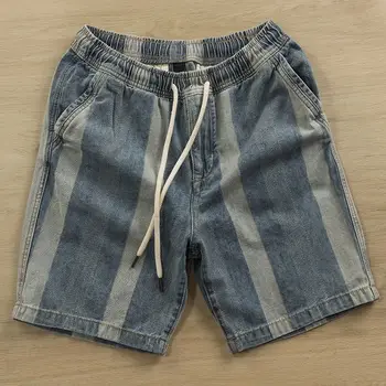 Летние Свободные джинсовые шорты в американском стиле с вертикальными полосками, эластичный пояс, Повседневные уличные пятиточечные брюки, мужская одежда