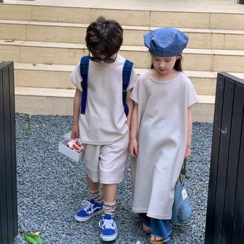 Летняя вафельная однотонная детская одежда свободные шорты с короткими рукавами для мальчиков, костюм из 2 предметов, платья оверсайз для девочек