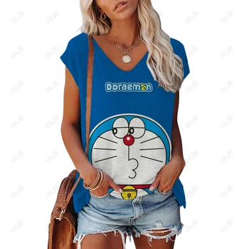 Летняя женская футболка, модная футболка Harajuku с 3D принтом Doraemon, Большие размеры, футболка для девочек, Новый топ с коротким рукавом и V-образным вырезом