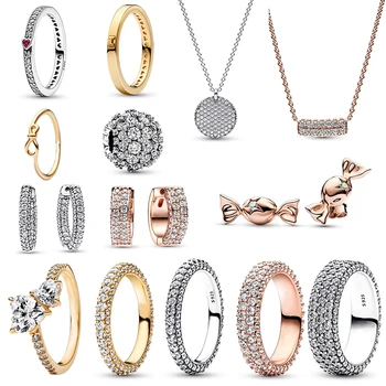 Летняя Новая мода, Серебро 925 пробы, высокое качество, оригинальный логотип, неподвластный времени Паве, Однорядные серьги-кольца, ожерелье, женские украшения в подарок