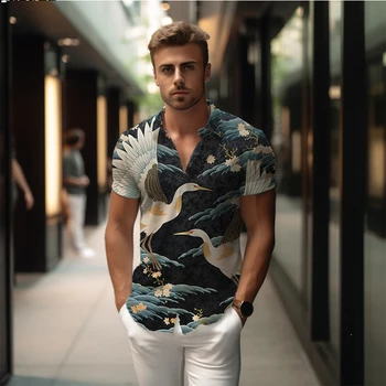 Летняя новая мужская рубашка в китайском стиле с 3D принтом журавля, мужская рубашка в повседневном стиле, модная мужская рубашка, высококачественная мужская рубашка