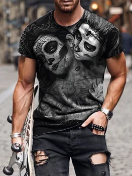 Летняя Новая повседневная футболка с черным черепом для мужчин, уличная одежда, панк, негабаритные футболки с пугающей личностью, Размер от XXS-6XL