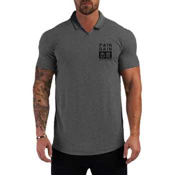 Летняя новая футболка FITNESS SHARK, мужская рубашка поло с отворотом, простой спортивный топ
