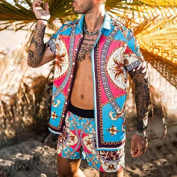Летняя повседневная рубашка с цветочным рисунком, пляжный костюм-двойка, мужские летние комплекты рубашек и шорт с цветочным принтом, пляжные комплекты