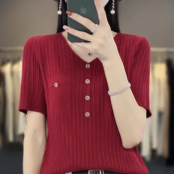 Лето 2023, новый женский пуловер ice silk, футболка свободного кроя с v-образным вырезом, однотонный модный свитер черного цвета