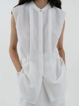 Летом 2023 года Новая женская рубашка в минималистичном стиле без рукавов из смеси шерсти и шелка с завязками на талии