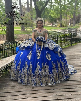 Мексиканское Королевское Синее Пышное платье С Аппликацией из бисера Бальное Платье Для Выпускного Вечера Многоуровневое Vestidos De 15 Anos Sweet 16 На День Рождения Robe De Bal