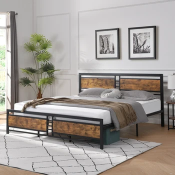 Металлический каркас кровати-платформы королевского размера с деревянным изголовьем и изножьем, прочная основа матраса с ламельной опорой
