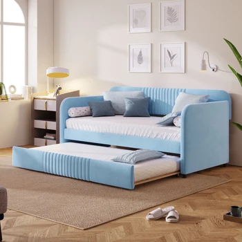 Минималистичный и современный диван-кровать с мягкой кушеткой Twin Size с раскладным местом и деревянной рейкой, светло-голубой