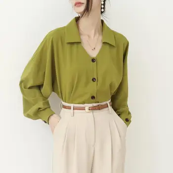 Модная Женская блузка 2023 цвета Авокадо, Зеленая шифоновая французская рубашка с длинными рукавами, Женская Темпераментная рубашка, Элегантный Топ Camisas Mujer