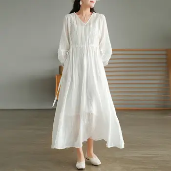 Модное простое платье для беременных в литературном стиле с длинным V-образным вырезом БЕЛОГО цвета