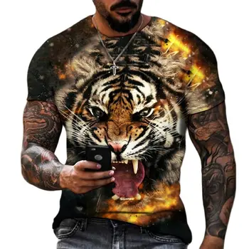 Модные мужские футболки с принтом Fierce3D, Лето, круглый вырез, тигр, Большие футболки большого размера с коротким рукавом, топы Оверсайз
