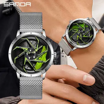 Модные мужские часы с автомобильным ободом, водонепроницаемые спортивные часы из нержавеющей стали, Вращающийся на 360 градусов циферблат обода колеса, кварцевые наручные часы