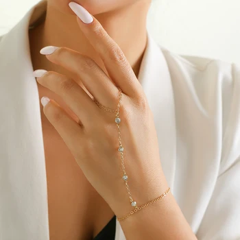 Модный браслет из горного хрусталя Lacteo 2023 с кольцом на палец для женщин, Соединительное звено, браслет для рук, ювелирные изделия, свадьба