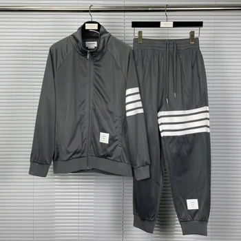 Модный Комплект свитшотов бренда 2023 TB THOM, мужская демисезонная полосатая повседневная куртка, спортивный костюм из цельного хлопка, свободное пальто и брюки