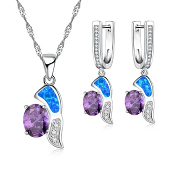Модный комплект ювелирных изделий геометрической формы для женщин, имитирующий Синий Огненный опал, кулон из фиолетового кристалла, ожерелье, серьги, свадебные украшения