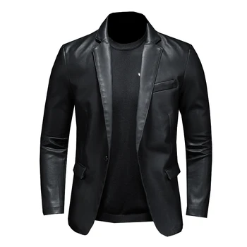 Мужская веганская куртка 2023, Новый костюм, кожаная куртка оверсайз, деловая мода, мужская приталенная куртка из искусственной кожи, мужской костюм S-5XL