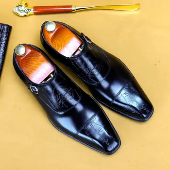Мужская официальная обувь с квадратной головкой, Оксфорды из натуральной кожи, черный монашеский ремешок, мужские итальянские модельные туфли, деловые свадебные лоферы класса Люкс