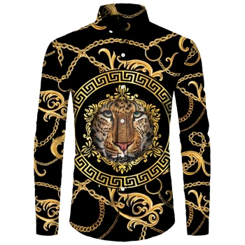 Мужская рубашка с 3D принтом Золотого Льва, топ с длинным рукавом с лацканами и пуговицами, модная уличная одежда в стиле барокко