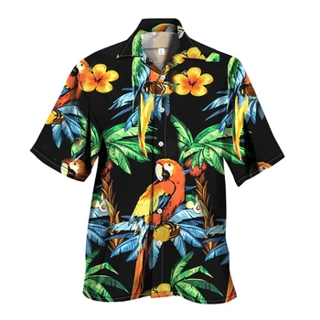 Мужская рубашка с 3D принтом попугая в стиле гавайского пляжного отдыха, топы оверсайз с коротким рукавом и лацканами, мужская одежда в повседневном стиле Camisa Masculina