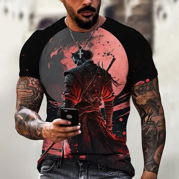 Мужская футболка с 3D принтом японского самурая, повседневные уличные дизайнерские топы с короткими рукавами, футболки, мужская одежда, свободная футболка оверсайз