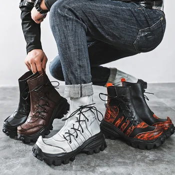 Мужские ботинки Для верховой езды на платформе в стиле ретро-панк, Модные Короткие Мотоциклетные Ботинки из Натуральной Кожи на шнуровке, Мужская Защитная Обувь в Готическом Стиле