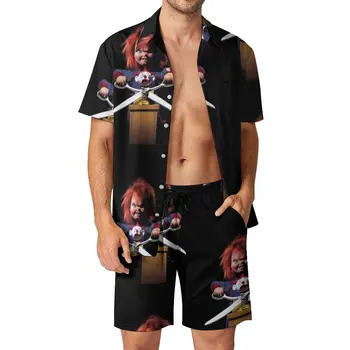 Мужские комплекты Chucky, повседневные шорты из фильма ужасов на Хэллоуин, летний модный пляжный комплект рубашек с коротким рукавом, дизайнерский костюм оверсайз, идея подарка