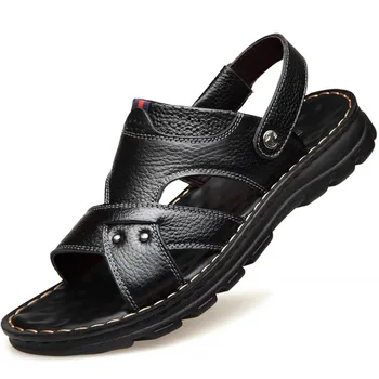 Мужские летние сандалии из натуральной кожи, удобные повседневные мужские пляжные сандалии без застежки, уличные тапочки для мужчин Zapatillas Hombre