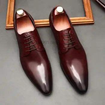 Мужские модельные туфли в итальянском стиле из натуральной кожи ручной работы, оксфорды-дерби с острым носком, Офисная деловая официальная обувь на шнуровке для мужчин