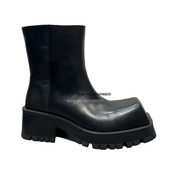 Мужские непромокаемые ботинки с квадратным носком и толстой платформой из черной кожи, короткие ботильоны унисекс, большие размеры 35-44, обувь Botas