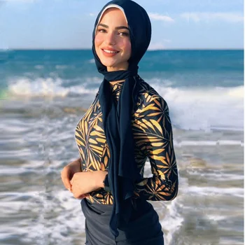 Мусульманские купальники Для женщин, скромный Лоскутный Хиджаб с длинными рукавами, спортивный купальник, 3шт исламских Буркини, купальный костюм