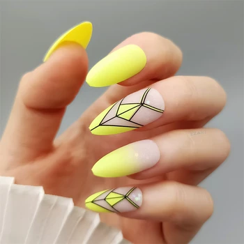 Набор из 24 шт. неоново-желтых искусственных ногтей с черными линиями, накладные ногти во французском стиле, миндаль ярких цветов для лета