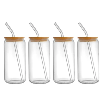 Набор из 4 стеклянных чашек по 18 унций с бамбуковыми крышками и соломинками для кофе, прямая поставка из домашнего бара