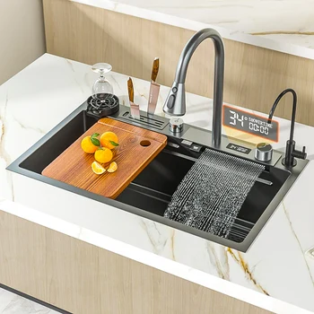 Нано-черная кухонная раковина с водопадом из нержавеющей стали 304, Многофункциональная умная Большая раковина с одной раковиной, Современная раковина