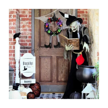Наружные украшения из венков на Хэллоуин - дверные венки размером 25,6 х 13,7 дюйма для входной двери, декор для ведьм с ножками из шляпы в виде тыквы