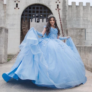 Небесно-Голубые Пышные Платья с Блестками Sweet 16 Quinceanera с 3D Аппликацией из Бисера С Накидкой Корсетное Платье Vestidos De 15 Anos xv Dress
