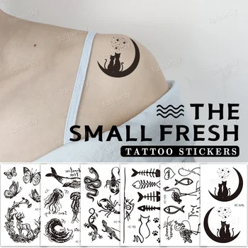 Небольшие наклейки с татуировками мини-размера, простая Луна, Бабочка, Звезда, Кошка, Забавные детские татуировки, Водонепроницаемая Черная временная татуировка на руку