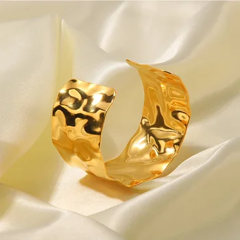 Необычно широкие браслеты для женщин, Роскошная Текстурированная Золотая манжета, Позолоченный Регулируемый браслет из нержавеющей стали, Модный браслет