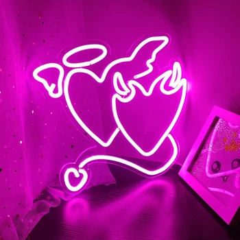Неоновая вывеска Pink Angel Demon Heart для свадьбы в спальне, неоновая световая вывеска для настенного декора, бар, подарок девушке на День Святого Валентина, Рождественская вечеринка