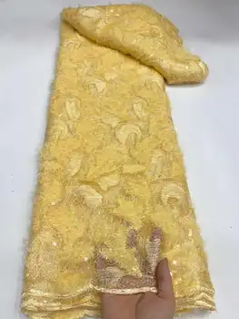 Нигерийская кружевная ткань 2023, Высококачественная кружевная вышивка, Французский тюль, Африканская желтая кружевная ткань с 3D блестками, 5 ярдов для свадебных нарядов