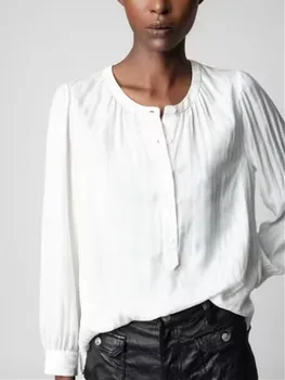 Новая женская яркая полосатая рубашка с полуоткрытыми пуговицами, женские блузки свободного темперамента с круглым вырезом и длинными рукавами, топы